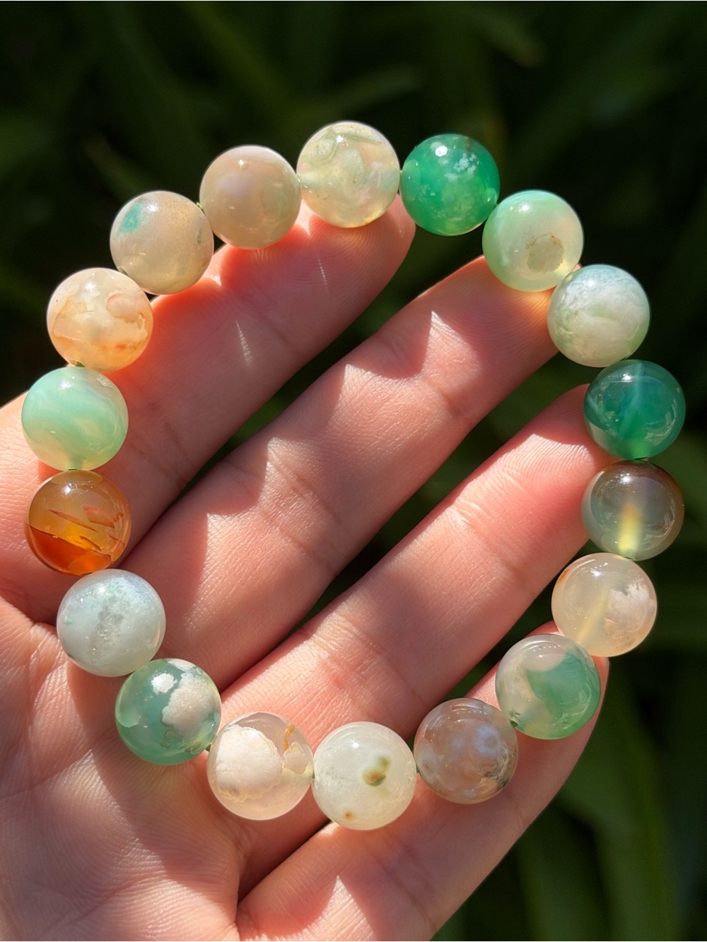 11.5mm stretchable green‎ flower agate bracelet 1896